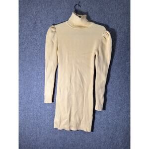 Zara Sweater Dress Women Large Beige Puff Sleeve Turtleneck stretch Comfort Cozy